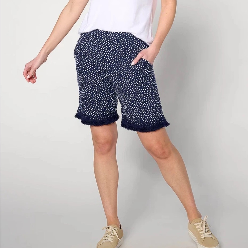 Sport Savvy Navy and White Polka Dot Women's 8” Shorts with fringe trim. 1X